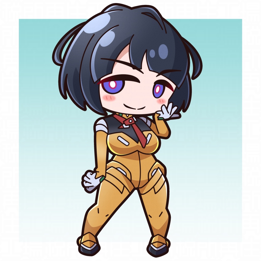 1girl absurdres black_hair blue_background blue_eyes blush_stickers bodysuit breasts bright_pupils brown_bodysuit chibi closed_mouth commentary full_body gloves gradient_background gundam gundam_gquuuuuux hand_up highres looking_at_viewer medium_breasts saishosaisekojo shiiko_sugai smile solo standing white_gloves white_pupils