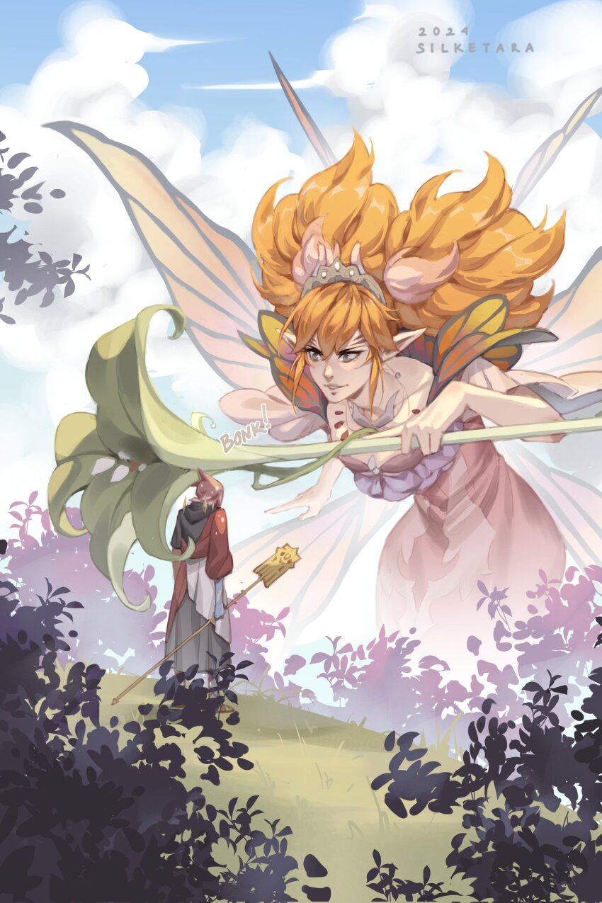 1boy 1girl animal_ears artist_name big_hair black_robe blue_sky bonk butterfly_wings cat_ears cloud collarbone crystal_exarch day dress facial_mark feo_ul final_fantasy final_fantasy_xiv forehead_mark frilled_dress frills g&#039;raha_tia g&#039;raha_tia genderswap genderswap_(otf) giant giantess grass grey_eyes highres holding holding_staff insect_wings jewelry leaf looking_at_another medium_hair miqo&#039;te necklace orange_hair outdoors pink_dress pointy_ears red_hair robe silketara size_difference sky staff standing tiara wings