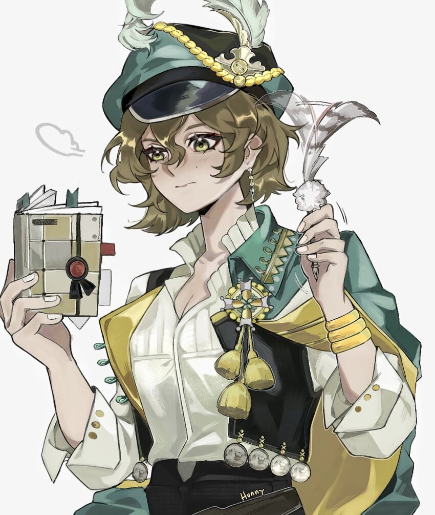 1girl black_vest breasts brown_hair cabbie_hat cape cleavage closed_mouth green_cape green_eyes green_hat hair_between_eyes hands_up haniwa15 hat hat_feather highres holding holding_notebook holding_quill looking_at_object mole mole_under_eye notebook open_clothes open_vest puff_of_air quill recoleta_(reverse:1999) reverse:1999 shirt short_hair solo upper_body vest white_background white_shirt