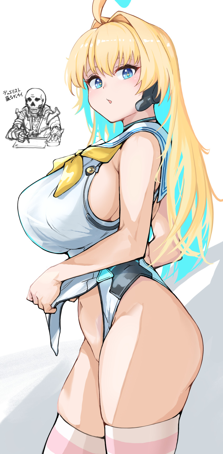 1girl ahoge alternate_breast_size aqua_hair bare_arms blonde_hair blue_eyes bottomless breasts choker colored_inner_hair cowboy_shot from_side hair_between_eyes hair_intakes huge_breasts long_hair looking_at_viewer looking_to_the_side multicolored_hair navel neckerchief open_mouth pink_stripes raldest ralmia_(shadowverse) ralmia_sonic_racer sailor_collar shadowverse shirt simple_background skindentation sleeveless sleeveless_shirt solo standing star-shaped_pupils star_(symbol) striped_clothes striped_thighhighs symbol-shaped_pupils thighhighs two-tone_hair white_background white_sailor_collar white_shirt yellow_neckerchief