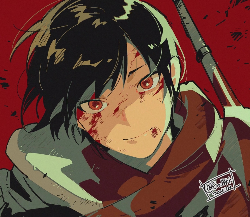 1boy black_hair blood blood_on_face bruise bruise_on_face closed_mouth dated debris dirty dirty_face eromkk floating_hair fumetsu_no_anata_e highres injury kahaku_(fumetsu_no_anata_e) looking_at_viewer male_focus orange_eyes pole portrait red_background short_hair simple_background smile solo twitter_username