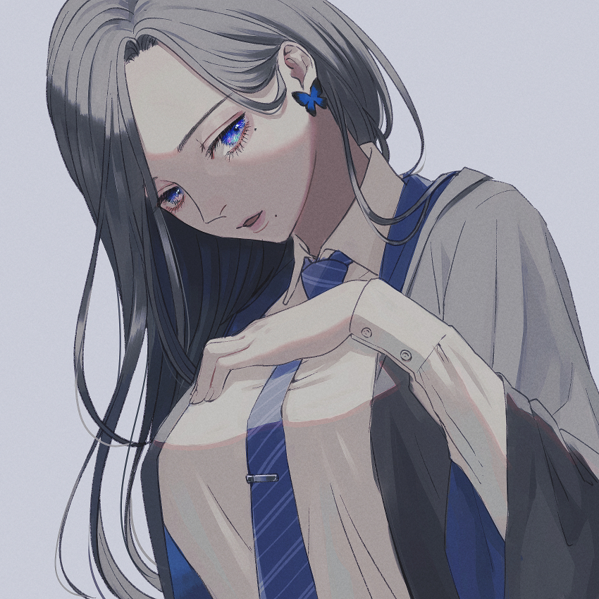 1girl black_hair blue_eyes blue_necktie butterfly_earrings commission earrings fingernails grey_background grey_jacket hand_on_own_chest highres jacket jewelry kurosujuu long_eyelashes long_hair long_sleeves looking_at_viewer mole mole_under_eye necktie open_mouth original shirt simple_background skeb_commission solo tie_clip white_shirt