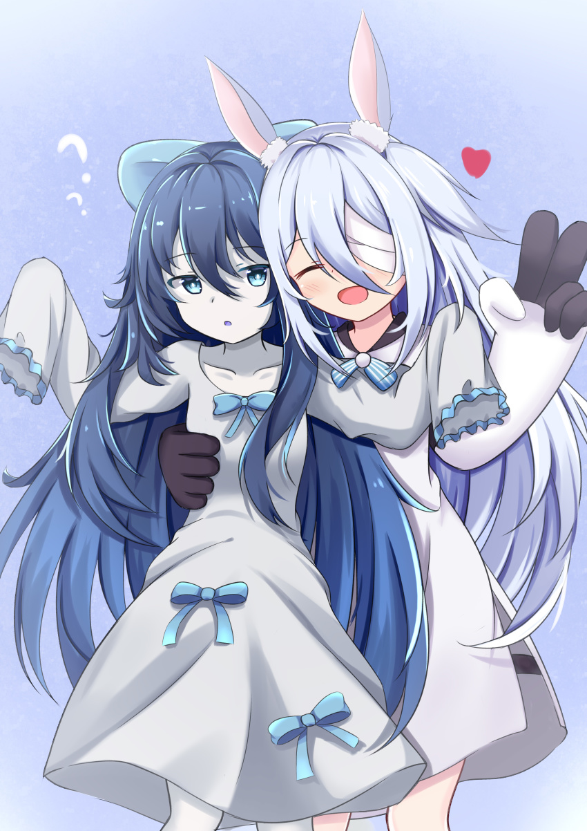 2girls ? absurdres animal_ears arms_up bandage_over_one_eye bandages black_hair blue_eyes closed_eyes dress elbow_gloves gloves grey_background grey_hair heart highres hug juiceneko little_witch_nobeta long_hair monica_(little_witch_nobeta) multiple_girls open_mouth pale_skin rabbit_ears ribbon simple_background sleeveless sleeveless_dress sleeves_past_fingers sleeves_past_wrists smile tania_(little_witch_nobeta) two_side_up v white_dress white_gloves