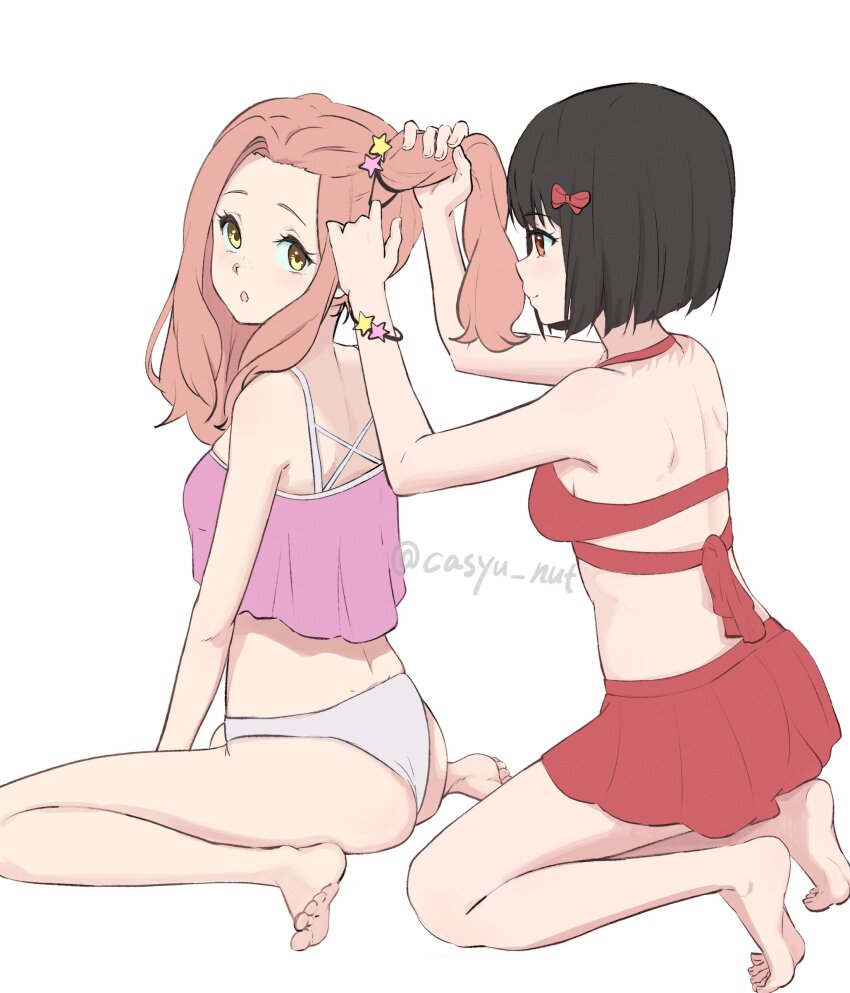 2girls absurdres ass bare_arms bare_legs barefoot bikini black_hair bow bra breasts brown_hair casyu_nut closed_mouth collarbone flower freckles hair_flower hair_ornament hair_tie hibike!_euphonium highres hisaishi_kanade holding holding_hair_tie kenzaki_ririka kneeling light_blush long_hair looking_at_another medium_breasts multiple_girls orange_eyes panties purple_bikini red_bikini red_bow red_skirt scrunchie short_hair side_ponytail signature sitting skirt smile star_(symbol) star_hair_ornament swimsuit thighs twintails twitter_username underwear wariza watermark white_background white_panties wrist_scrunchie yellow_eyes