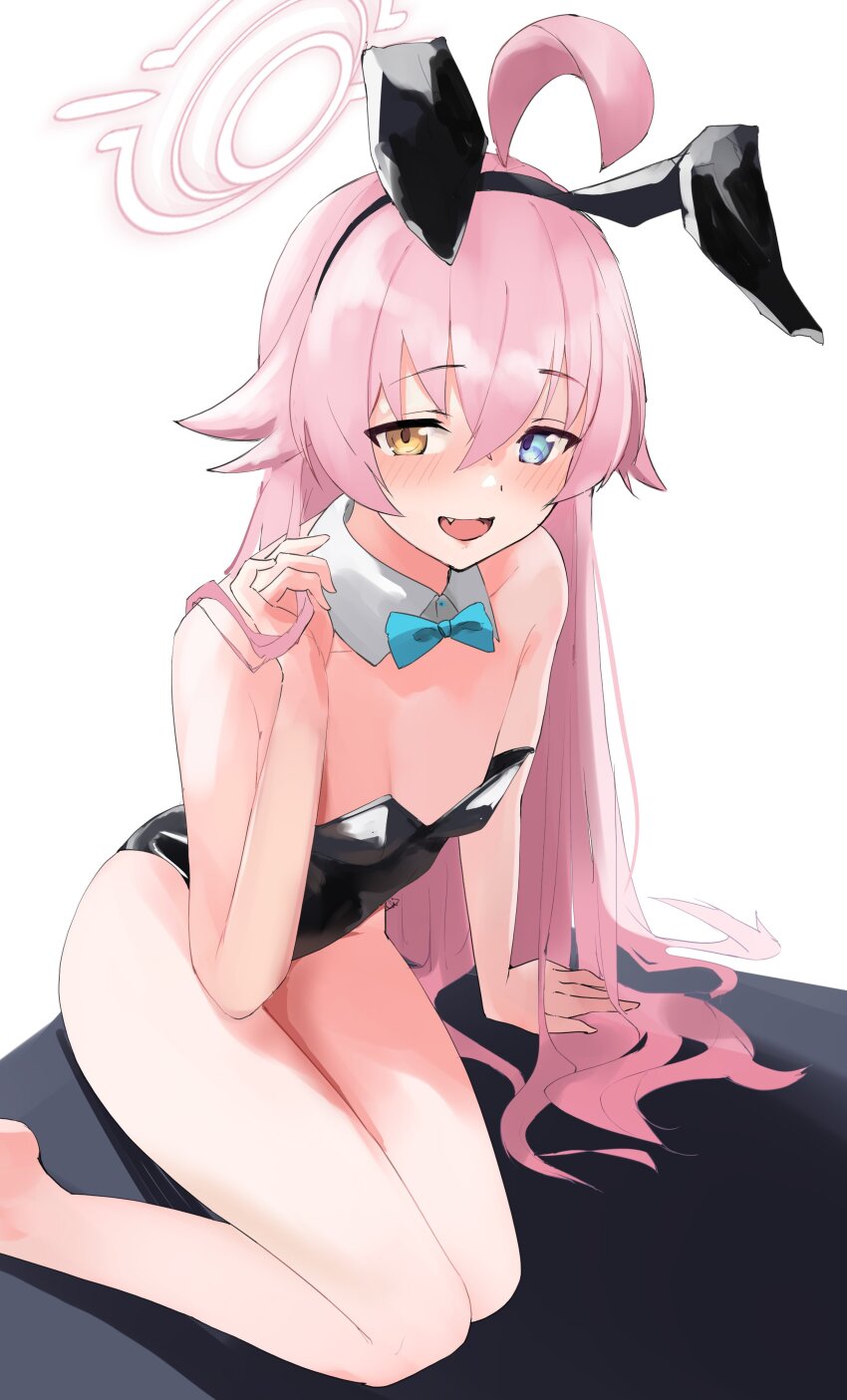 1girl absurdres ahoge animal_ears black_leotard blue_archive blue_eyes blush bow bowtie breasts detached_collar fake_animal_ears hair_between_eyes halo heterochromia highres hoshino_(blue_archive) leotard loli long_hair looking_at_viewer open_mouth pink_hair playboy_bunny rabbit_ears s4ika small_breasts smile thighs yellow_eyes