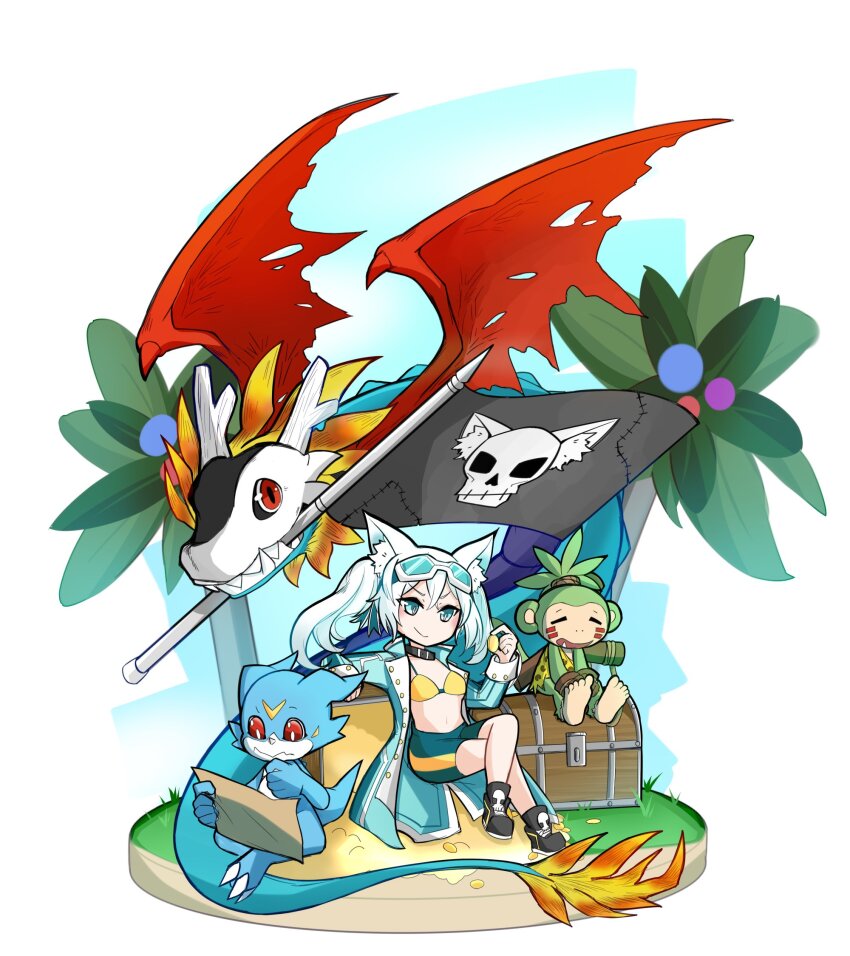 airdramon bikini bikini_top_only digimon digimon_(creature) goggles goggles_on_head highres koemon sharp_teeth smile swimsuit teeth treasure_chest v-mon