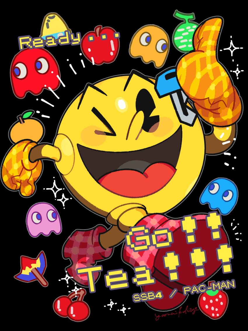 &gt;_o apple bell black_background black_eyes blinky_(pac-man) boss_galaxian cherry clyde_(pac-man) food fruit galaxian highres holding holding_key inky_(pac-man) key melon mittens nintendo one_eye_closed open_mouth orange_(fruit) orange_mittens pac-man pac-man_(game) pac-man_eyes pinky_(pac-man) solo sparkle strawberry super_smash_bros. yasaikakiage