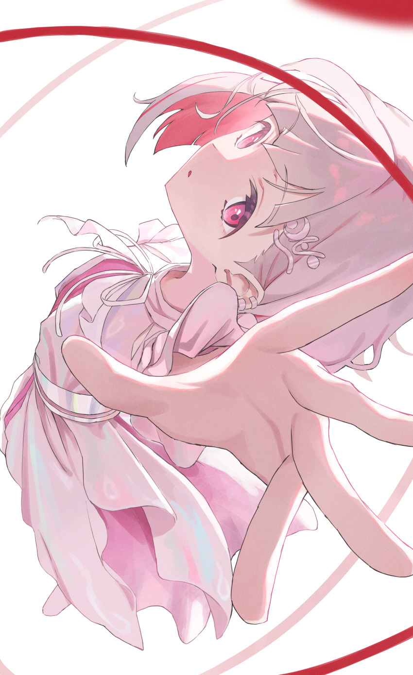 1girl absurdres colored_inner_hair commentary dress foreshortening frilled_dress frills from_above full_body grey_hair hair_ornament hairclip highres leaning_back link!_like!_love_live! link_to_the_future_(love_live!) looking_at_viewer love_live! multicolored_hair official_alternate_costume open_hand parted_lips pink_dress reaching reaching_towards_viewer red_eyes red_hair red_ribbon ribbon short_hair solo sunkeun virtual_youtuber white_background yugiri_tsuzuri