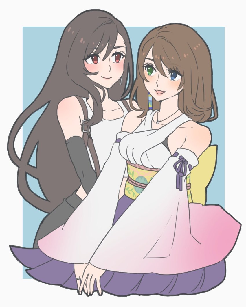 2girls :d bad_id bad_twitter_id bare_shoulders black_hair black_skirt blue_eyes breasts brown_hair closed_mouth crop_top detached_sleeves earrings final_fantasy final_fantasy_vii final_fantasy_x green_eyes hair_between_eyes hakama hakama_skirt heterochromia highres japanese_clothes jewelry long_hair long_sleeves medium_breasts medium_hair multiple_girls necklace obi open_mouth purple_hakama red_eyes ribbon-trimmed_sleeves ribbon_trim sash shirt skirt smile suspender_skirt suspenders tank_top tifa_lockhart toufu_(toufu_53) white_shirt wide_sleeves yuna