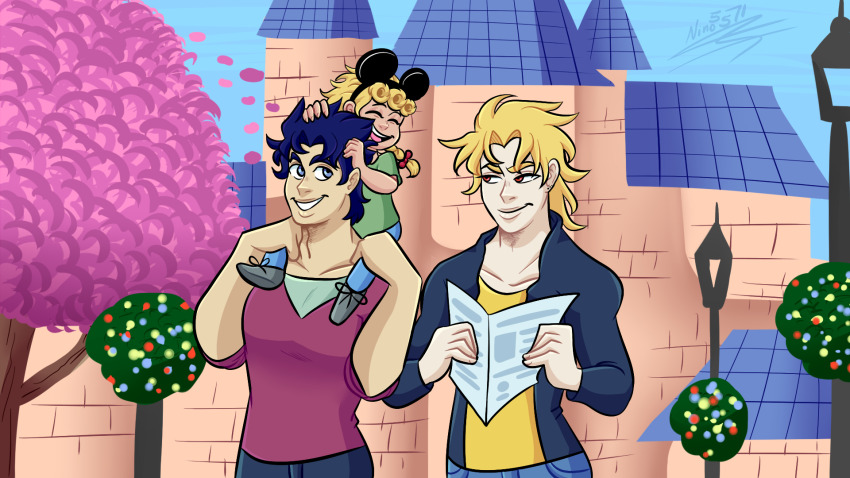 3boys aged_down blonde_hair blue_eyes blue_hair braid carrying dio_brando disneyland family father_and_son giorno_giovanna happy highres jojo_no_kimyou_na_bouken jonathan_joestar long_hair male_focus mickey_mouse_ears multiple_boys nino5571 outdoors pants red_eyes shirt short_hair shoulder_carry smile vacation vento_aureo walking yaoi