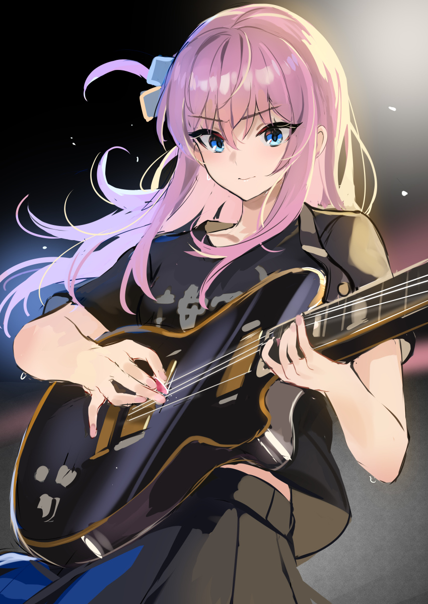 1girl absurdres black_shirt black_skirt blue_eyes bocchi_the_rock! closed_mouth commentary concentrating gotoh_hitori guitar hair_between_eyes highres holding holding_guitar holding_instrument instrument kessoku_band_t-shirt long_hair music pink_hair playing_instrument shirt sidelocks skirt solo stone_(ksorede) sweat