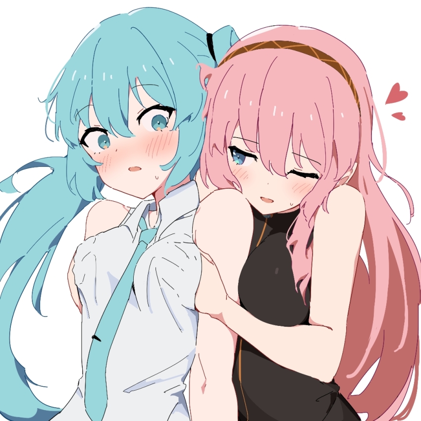 2girls black_shirt blue_eyes blue_hair blue_necktie blush collared_shirt commentary_request giryu grabbing_another&#039;s_breast grabbing_from_behind groping hand_under_clothes hand_under_shirt hatsune_miku heart long_hair megurine_luka multiple_girls necktie one_eye_closed parted_lips pink_hair shirt simple_background sleeveless sleeveless_shirt twintails vocaloid white_background white_shirt yuri