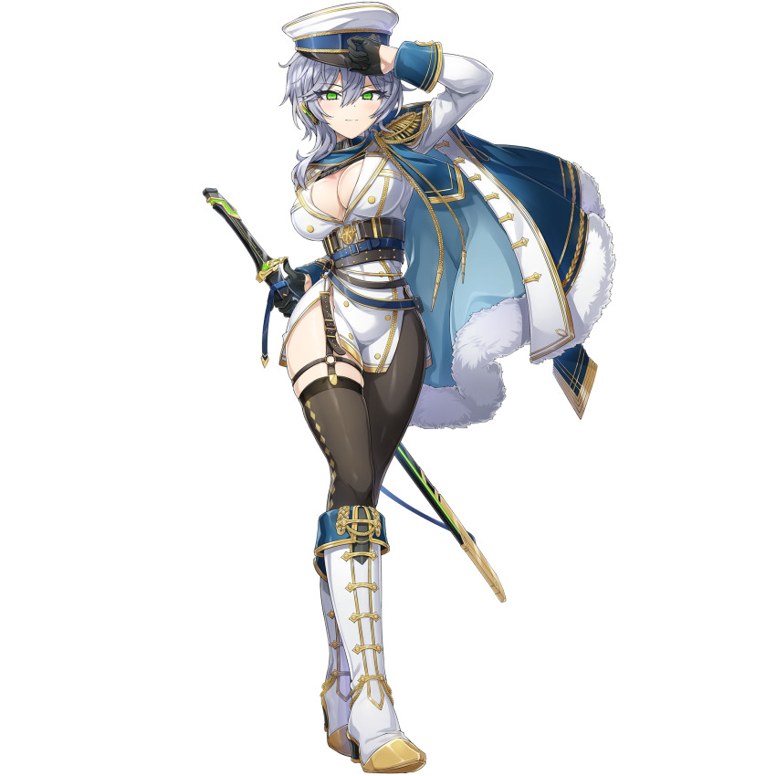 adjusting_clothes adjusting_headwear boots breasts cleavage closed_mouth dolphin_wave game_cg gloves green_eyes hat headgear high_heel_boots high_heels highres holding holding_sword holding_weapon light_blush looking_at_viewer medium_breasts military_hat military_uniform naval_dress_uniform naval_uniform non-web_source official_art ootomo_takuji peaked_cap sarah_anthony sheath sheathed short_hair single_leg_pantyhose single_thighhigh smile sword thighhighs transparent_background weapon