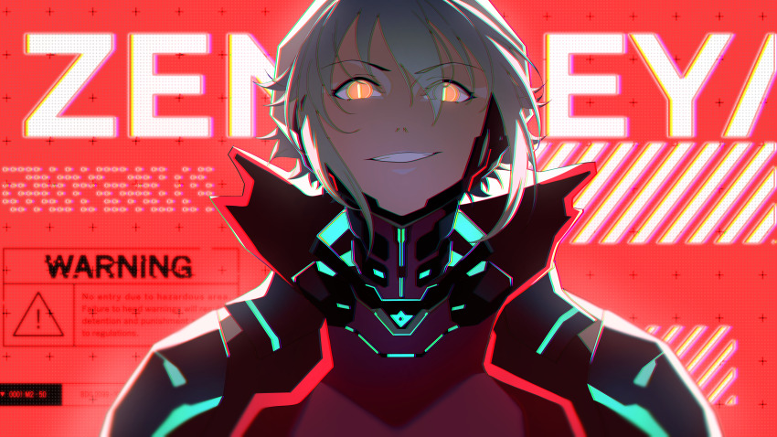 1girl absurdres black_jacket bodysuit character_name chin_guard commentary grey_hair highres horns jacket kuroi_enpitsu looking_at_viewer mechanical_horns open_clothes open_jacket red_background red_bodysuit short_hair slit_pupils smile solo virtual_youtuber vshojo yellow_eyes zentreya zentreya_(cyborg) zentreya_(cyborg)_(1st_costume)