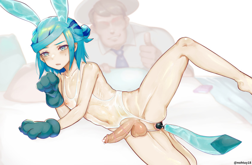2boys absurdres anal anal_beads anal_object_insertion anal_tail bar_censor blue_eyes blue_hair blush butt_plug censored erection faceless faceless_male fake_tail florian_(pokemon) gloves grusha_(pokemon) hair_bun highres male_focus male_penetrated multiple_boys nintendo nipples nohtuy object_insertion open_mouth penis pokemon pokemon_sv pokemon_tail precum sex_toy solo_focus tail testicles textless_version thumbs_up trap yaoi