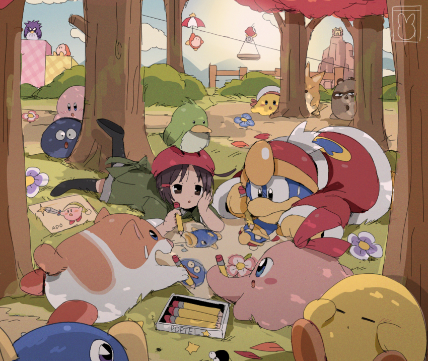 :d :o adeleine animal animal_on_head arm_up bendedede beret bird bird_on_head black_socks blue_eyes blue_flower blue_sky blush blush_stickers brown_hair castle castle_dedede chuchu_(kirby) closed_eyes closed_mouth cloud commentary con_(kirby) coo_(kirby) day drawing english_commentary fence flower forest gooey_(kirby) grass green_shirt grey_skirt hair_ornament hairclip hat head_rest holding holding_pencil holding_umbrella jacket kine_(kirby) king_dedede kirby kirby_(series) kneehighs leaf long_sleeves lying mountain mountainous_horizon nature nintendo nyupun_(kirby) on_grass on_head on_stomach open_mouth outdoors paper parasol parted_bangs path peeking_out pencil pencil_case pink_flower pitch_(kirby) platform pon_(kirby) purple_flower red_headwear red_jacket rick_(kirby) road sailor_hat scenery shirt short_hair short_sleeves sitting skirt sky smile socks star_(symbol) sun sweatdrop sword_kirby tree umbrella waddle_dee waddle_doo white_headwear wide-eyed wooden_fence