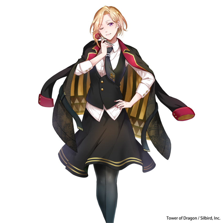 1girl ;) black_neckwear black_pantyhose black_skirt black_vest blonde_hair copyright_name dart female_focus hand_on_own_hip highres jacket jacket_on_shoulders looking_at_viewer nail_polish official_art one_eye_closed pantyhose purple_eyes red_nails short_hair skirt smile solo tower_of_dragon vest yamabuki_kanon