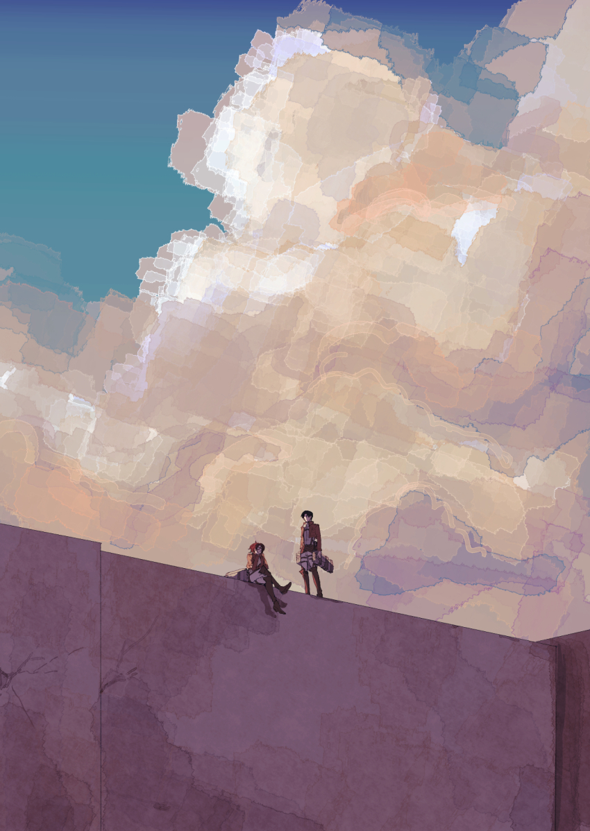1boy 1girl black_hair boots commentary_request cropped_jacket crossed_legs full_body hange_zoe head_rest highres kaina_11 levi_(shingeki_no_kyojin) outdoors pants paradis_military_uniform shingeki_no_kyojin sunset three-dimensional_maneuver_gear white_pants