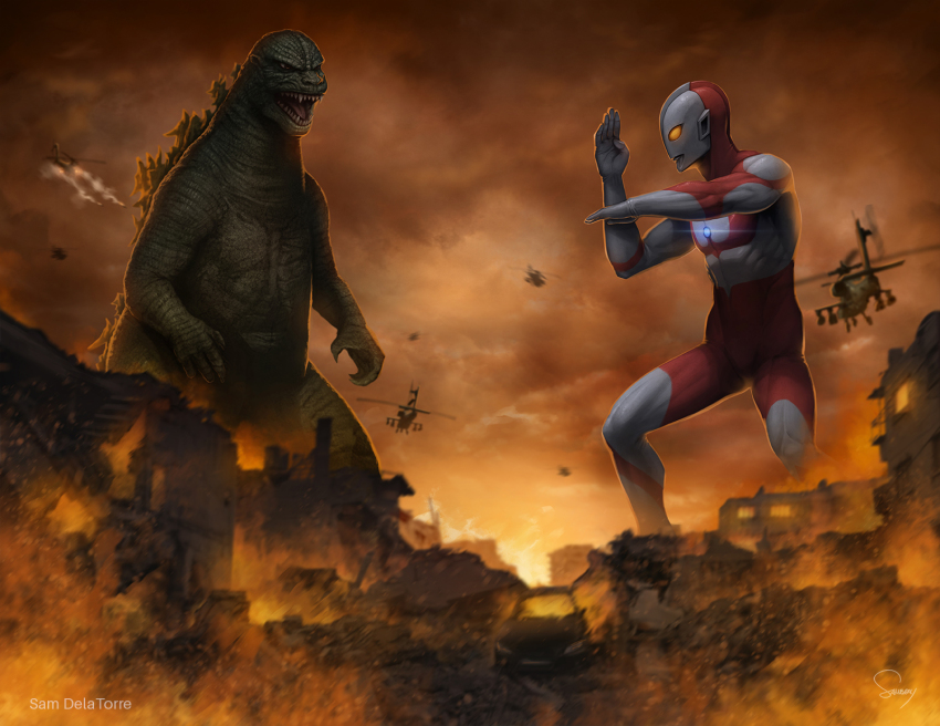 2boys aircraft alien battle building city claws crossover destruction dinosaur epic fire giant giant_monster glowing glowing_eyes godzilla godzilla_(series) helicopter highres kaiju male_focus mask monochrome monster multiple_boys mutant no_humans orange_eyes rocket sam_delatore scales sea_monster sharp_teeth superhero_costume tail teeth toho tsuburaya_productions ultra_series ultraman ultraman_(1st_series)