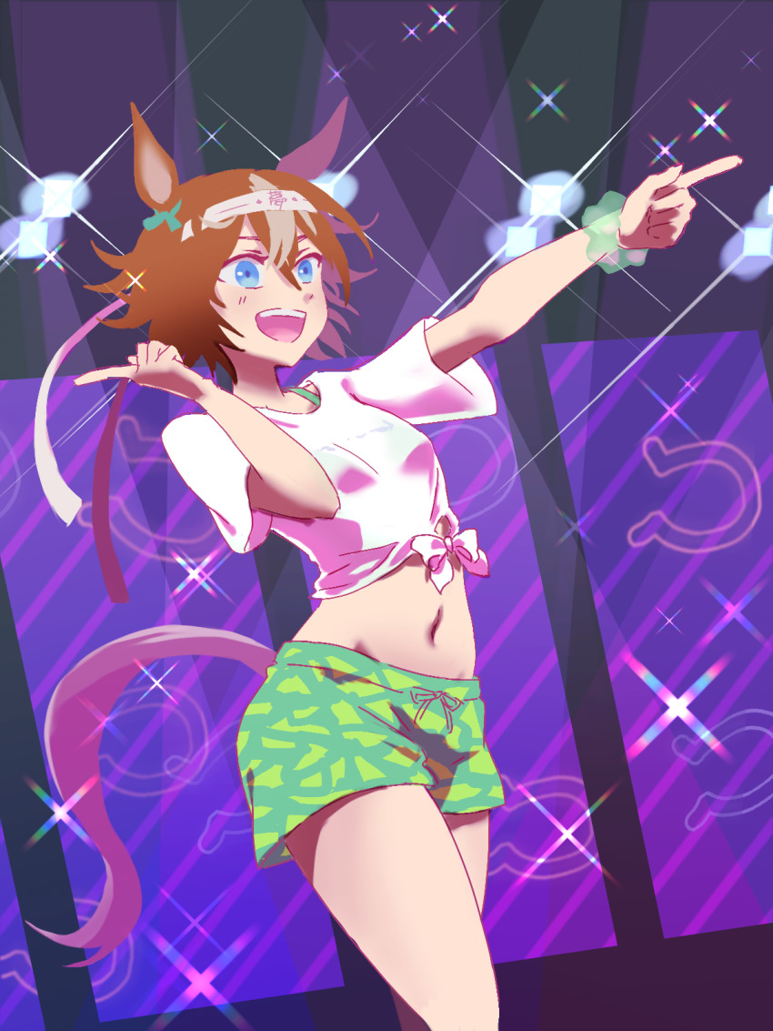 1girl animal_ears ari_(psye8488) bamboo_memory_(umamusume) bikini bikini_under_clothes blue_eyes bow breasts brown_hair commentary_request ear_ribbon gaze_on_me!_outfit_(umamusume) green_shorts headband highres horse_ears horse_girl horse_tail horseshoe_print midriff navel open_mouth pointing scrunchie shirt short_hair short_shorts shorts small_breasts smile solo swimsuit tail tied_shirt umamusume white_headband wrist_scrunchie