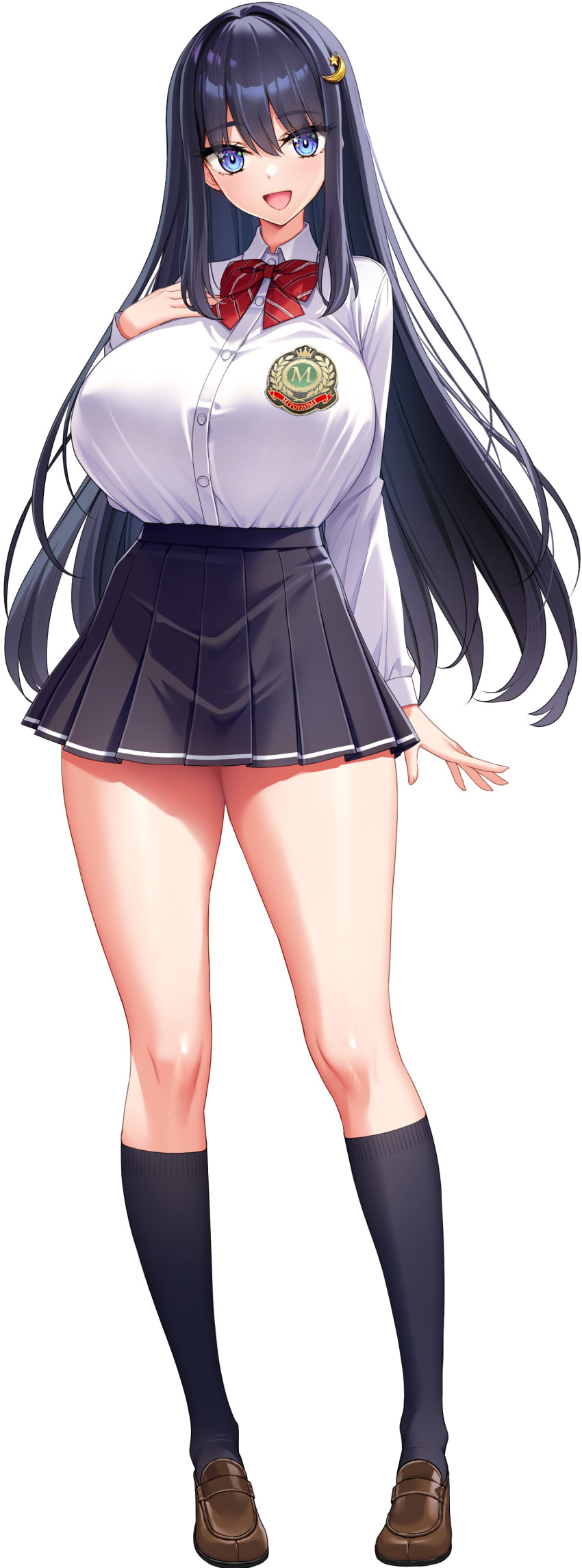 1girl :d absurdres arm_at_side black_hair black_skirt black_socks blue_eyes bow bowtie breasts brown_shoes crescent crescent_hair_ornament crescent_moon derauea game_cg hair_intakes hair_ornament hairpin hand_on_own_chest highres huge_breasts kneehighs light_blush long_hair long_sleeves looking_at_viewer moon motto!_haramase!_honoo_no_oppai_isekai_oppai_bunny_gakuen! non-web_source official_art open_mouth pleated_skirt red_bow red_bowtie school_uniform shirt shirt_tucked_in shoes sidelocks skirt smile socks solo star_(symbol) star_in_eye striped_bow striped_bowtie striped_clothes symbol_in_eye tachi-e transparent_background usami_runa white_shirt