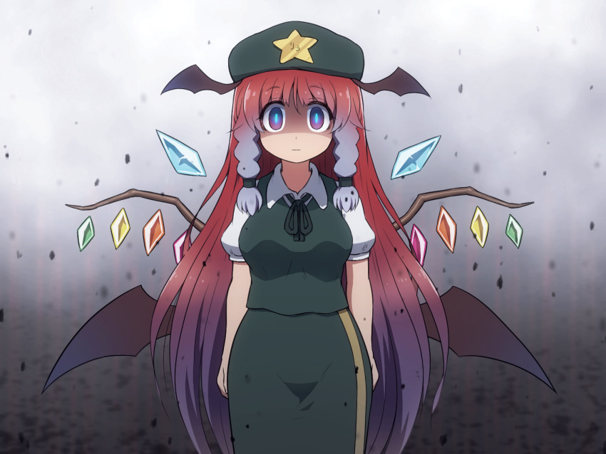 1girl alternate_costume arms_at_sides bare_arms bat_wings blue_pupils braid chimerism cirno cirno_(cosplay) closed_mouth collared_shirt commentary_request cosplay crystal demon_wings expressionless feet_out_of_frame flandre_scarlet flandre_scarlet_(cosplay) fusion glowing glowing_eyes gradient_background grey_hair hat hat_ornament head_wings ice ice_wings izayoi_sakuya izayoi_sakuya_(cosplay) koakuma koakuma_(cosplay) long_hair looking_at_viewer multicolored_hair patchouli_knowledge patchouli_knowledge_(cosplay) purple_eyes purple_hair red_hair remilia_scarlet remilia_scarlet_(cosplay) shaded_face shirosato shirt short_sleeves side_braid simple_background skirt solo standing star_(symbol) star_hat_ornament touhou twin_braids undershirt very_long_hair vest wing_collar wings
