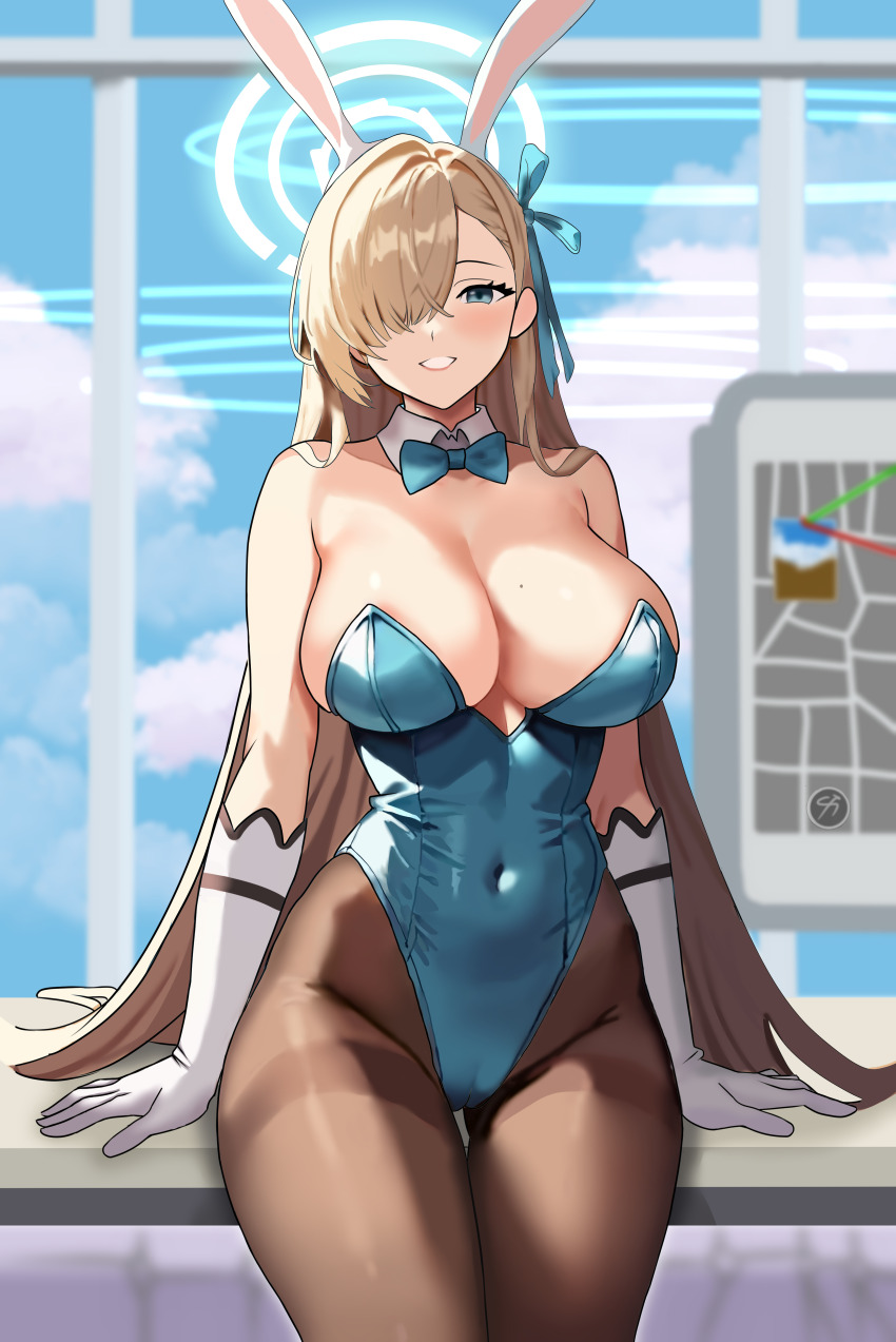 1girl :d absurdres animal_ears arms_at_sides asuna_(blue_archive) asuna_(bunny)_(blue_archive) bare_shoulders blue_archive blue_bow blue_bowtie blue_eyes blue_halo blue_leotard blue_ribbon blush bow bowtie breasts bright_pupils brown_pantyhose cameltoe cleavage collarbone commentary covered_navel cowboy_shot curvy day detached_collar fake_animal_ears gloves gluteal_fold grin groin hair_over_one_eye hair_over_shoulder hair_ribbon halo highleg highleg_leotard highres indoors large_breasts leotard long_bangs long_hair looking_at_viewer mole mole_on_breast official_alternate_costume one_eye_covered open_mouth pantyhose playboy_bunny rabbit_ears ribbon shani_taiwo sitting smile solo straight_hair strapless strapless_leotard thigh_gap thighband_pantyhose tsurime very_long_hair white_gloves window