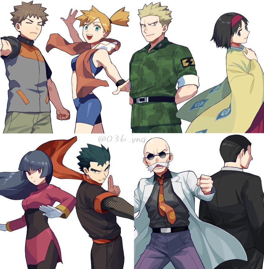 3girls 5boys :d bike_shorts black_hair black_shirt black_suit blaine_(pokemon) brock_(pokemon) brown_hair clenched_hand closed_mouth erika_(pokemon) facial_hair formal_clothes giovanni_(pokemon) glasses gloves hairband highres japanese_clothes kimono koga_(pokemon) misty_(pokemon) multiple_boys multiple_girls mustache necktie nintendo old old_man open_mouth orange_hair pants poke_ball_print pokemon pokemon_frlg print_necktie purple_pants red_hairband red_necktie red_scarf sabrina_(pokemon) scarf shirt short_hair smile spiked_hair suit sunglasses surge_(pokemon) teeth towel upper_teeth_only very_short_hair white_gloves white_suit y_(036_yng)