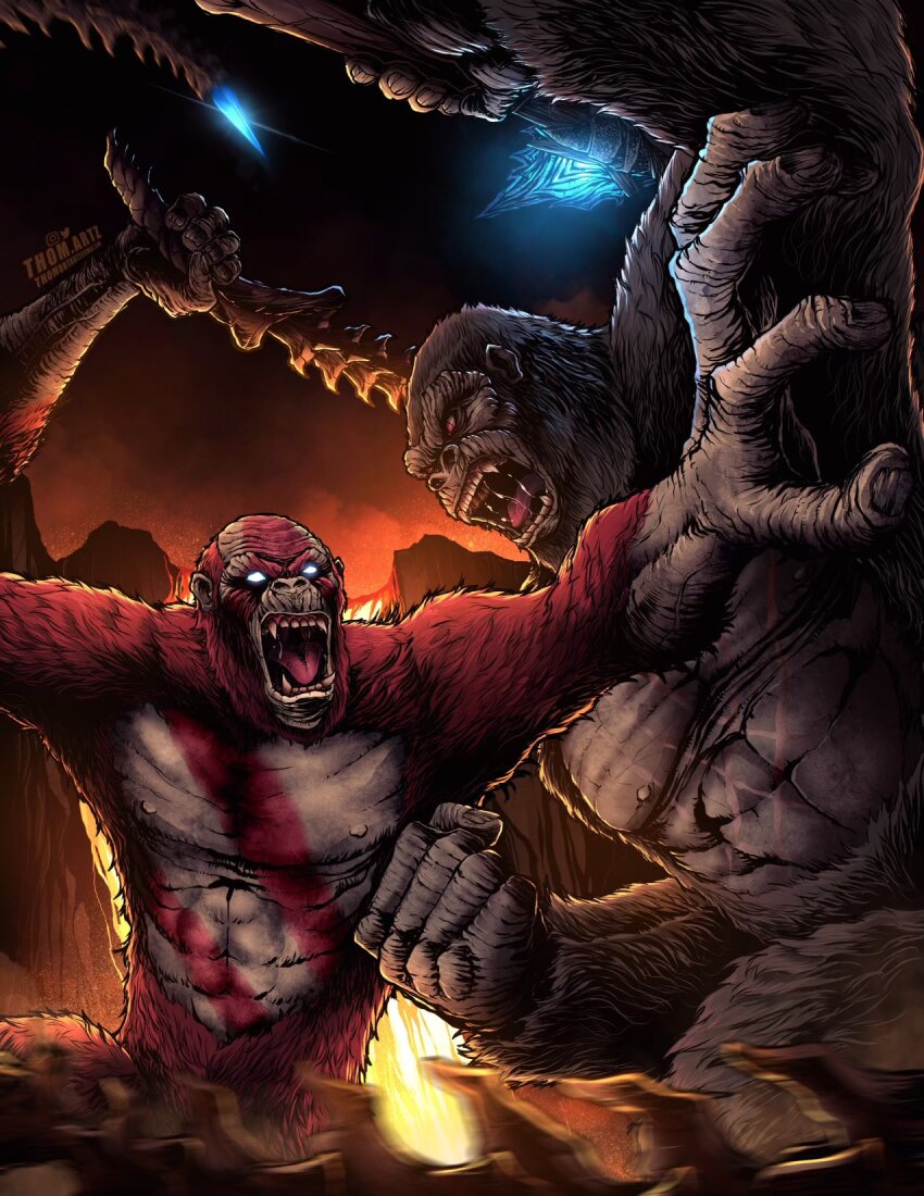 abs ape artist_name axe bald battle_axe blood blue_eyes bodypaint bone_axe bone_weapon bone_whip cave crossover crystal crystal_weapon english_text facepaint fangs giant giant_monster glowing glowing_axe glowing_crystal glowing_eyes glowing_weapon godzilla_(series) godzilla_x_kong:_the_new_empire gorilla highres jaw kaiju king_kong king_kong&#039;s_battle_axe king_kong_(series) lava legendary_pictures monster monsterverse muscular muscular_arms muscular_male muscular_other no_humans no_pupils open_mouth orange_eyes orangutan pectorals ribs saliva scar scar_on_chest scar_on_stomach sharp_teeth signature skar_king skull spine teeth thomdotartz tongue underground war_paint weapon whip whip_sword whipslash