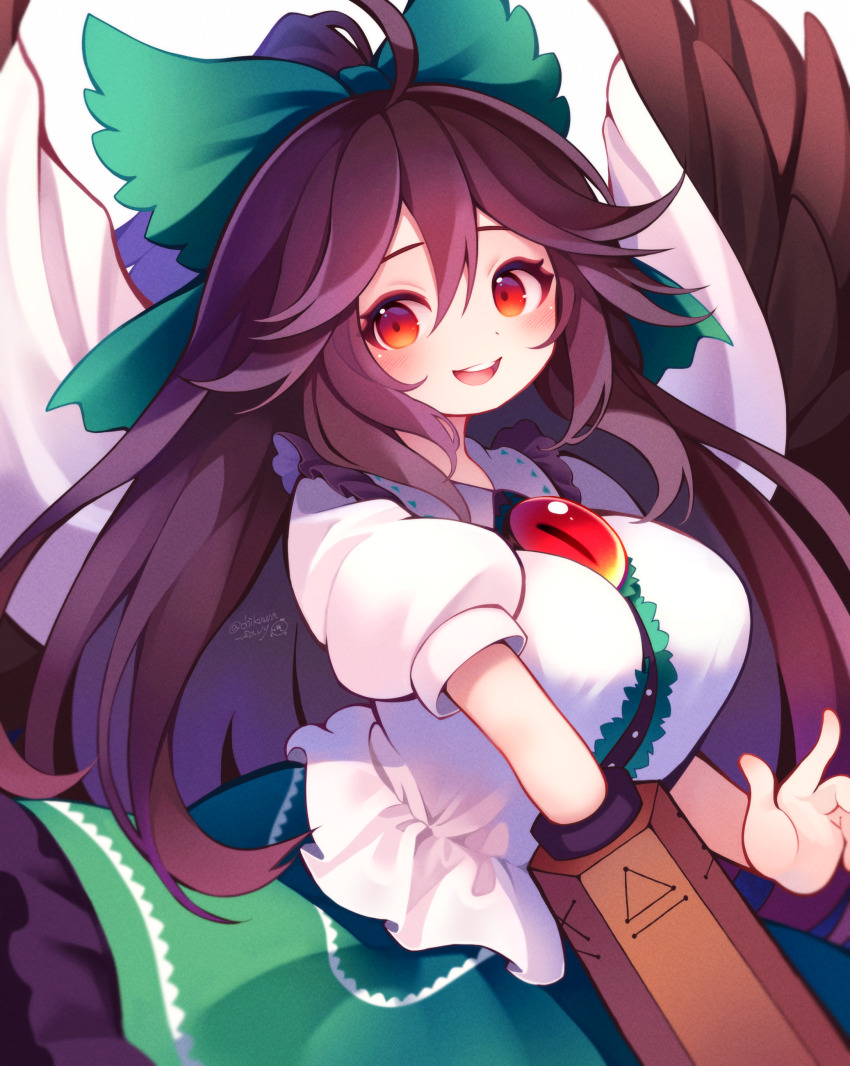 1girl absurdres ahoge arm_cannon bird_wings black_hair blush bow breasts chikuwa_savy collared_shirt feathered_wings frilled_skirt frills green_bow green_skirt hair_bow highres large_breasts long_hair looking_at_viewer open_mouth red_eyes reiuji_utsuho shirt short_sleeves skirt smile solo third_eye touhou weapon white_shirt wings