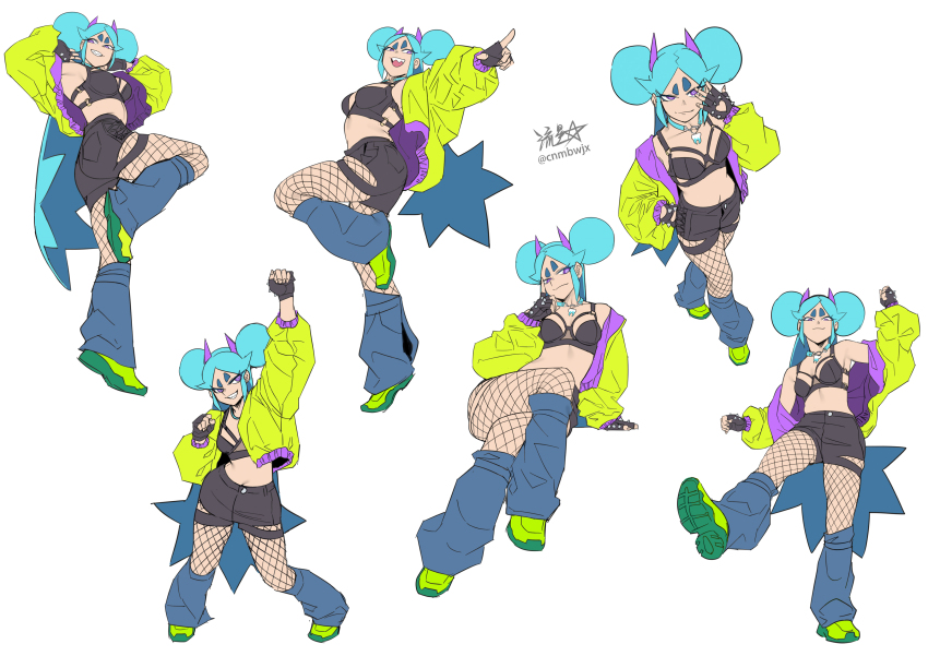 1girl absurdres arm_up blue_hair breasts commentary crop_top double_bun english_commentary fingerless_gloves fishnet_pantyhose fishnets gloves hair_bun highres horns jacket jewelry knee_up kneehighs long_hair looking_at_viewer loose_socks medium_breasts midriff multiple_views necklace off_shoulder original pantyhose purple_horns ryuusei_(mark_ii) shorts shrimball_(ryuusei_(mark_ii)) signature sitting socks spiked_gloves standing tooth_necklace very_long_hair white_background yellow_jacket