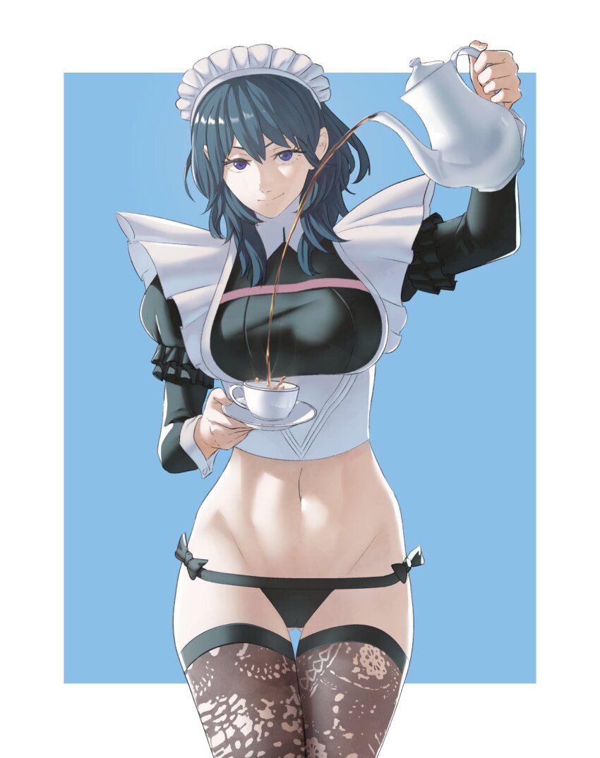 1girl alternate_costume black_panties black_thighhighs blue_background blue_eyes blue_hair breasts female_byleth_(fire_emblem) covered_pussy cup fire_emblem fire_emblem:_three_houses gluteal_fold highres long_sleeves maid maid_headdress medium_breasts medium_hair navel nintendo panties pomelomelon smile solo standing stomach tea teacup teapot thighhighs thighs underwear wrist_cuffs