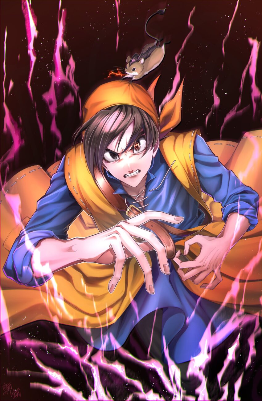 1boy 1other anniversary bandana black_eyes black_pants blue_tunic blurry brown_hair clenched_teeth commentary depth_of_field dragon_quest dragon_quest_viii floating_clothes floating_hair hashtag-only_commentary hero_(dq8) highres looking_at_viewer male_focus mouse_(animal) munchie_(dq8) orange_bandana pants ramino444 robe short_hair sleeves_rolled_up solo_focus swept_bangs symbol-only_commentary symbol_in_eye teeth tunic v-shaped_eyebrows yellow_robe