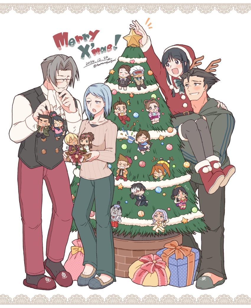 2boys 2girls ace_attorney antlers apollo_justice arm_up ascot athena_cykes basket black_hair black_pants black_vest blue_hair blunt_bangs blush bow box brown_shirt buttons carrying character_doll christmas_tree closed_eyes commentary dick_gumshoe doll double-breasted dress ema_skye franziska_von_karma full_body gift gift_box glasses godot_(ace_attorney) green_bow green_pants grey_eyes grey_hair grey_hoodie hamanoguriguri hat highres holding holding_basket holding_doll hood hoodie horns kay_faraday klavier_gavin larry_butz long_hair maya_fey merry_christmas mia_fey miles_edgeworth multiple_boys multiple_girls nahyuta_sahdmadhi pants pearl_fey phoenix_wright princess_carry rayfa_padma_khura&#039;in red_dress red_pants reindeer_antlers ribbon santa_costume santa_dress santa_hat shirt short_hair simon_blackquill slippers smile spiked_hair standing steel_samurai symbol-only_commentary teeth vest white_ascot white_shirt