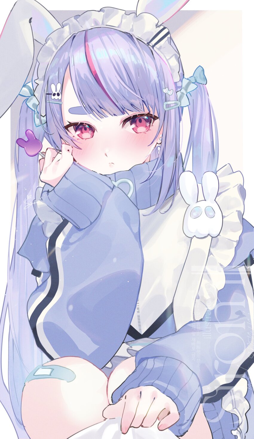 1girl absurdres animal_ears bandaid bandaid_on_knee bandaid_on_leg bow candy cattleya_regina_games earrings fake_animal_ears food grey_hair grey_jacket hair_bow hair_ornament hairpin highres holding holding_candy holding_food jacket jersey_maid jewelry maid maid_headdress multicolored_hair multiple_hairpins parted_bangs pink_eyes rabbit_ears single_hair_streak sirom sleeves_past_wrists solo squatting streaked_hair thick_eyebrows tosaki_mimi tosaki_mimi_(4th_costume) track_jacket twintails unconventional_maid virtual_youtuber vspo! watermark