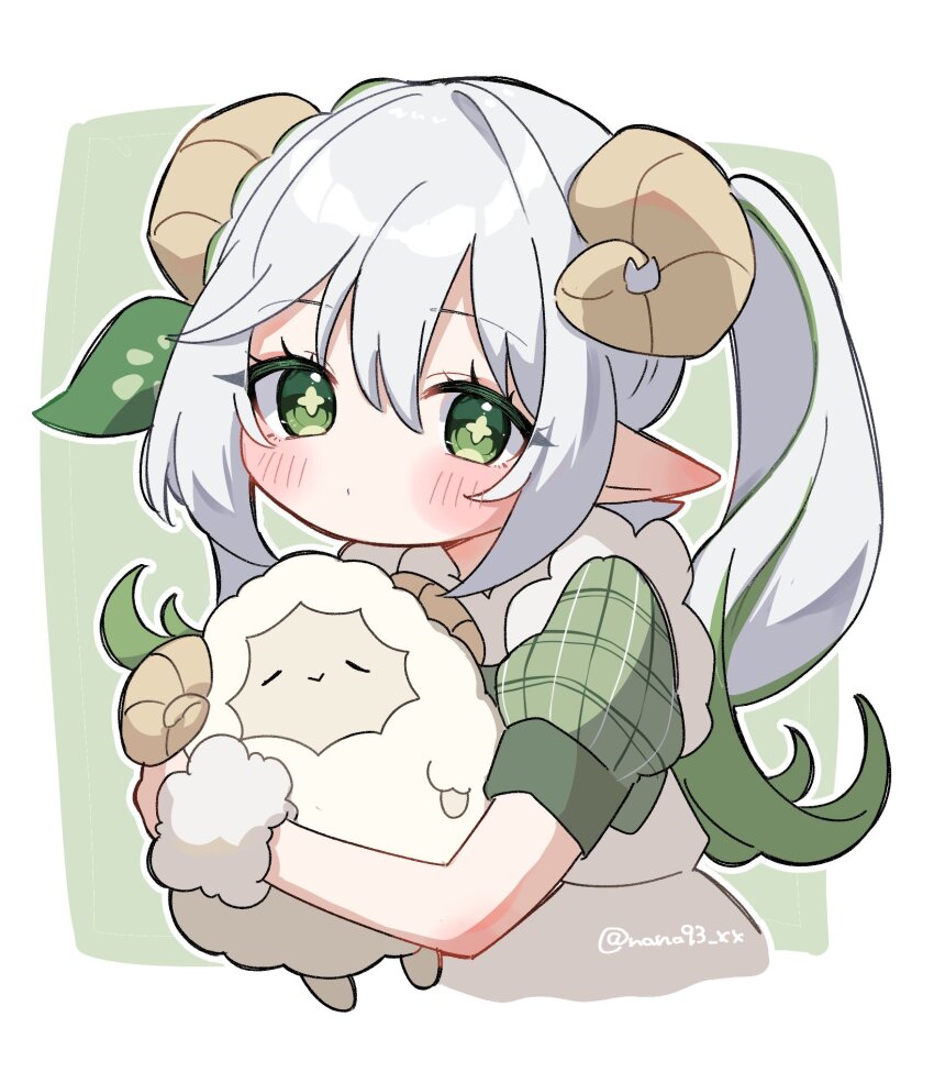 1girl animal blush commentary genshin_impact green_eyes green_hair hair_between_eyes hair_ornament highres holding holding_animal holding_sheep horns leaf_hair_ornament long_hair looking_at_viewer multicolored_hair nahida_(genshin_impact) nanakusa_yomogi pointy_ears puffy_short_sleeves puffy_sleeves sheep sheep_horns short_sleeves side_ponytail solo symbol-only_commentary symbol-shaped_pupils twitter_username white_hair