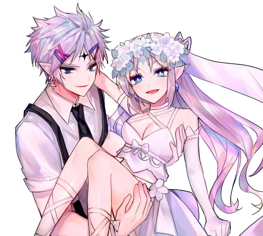 +_+ 1boy 1girl abysser_(elsword) black_necktie blue_eyes breasts carrying ciel_(elsword) cleavage collared_shirt crop_top earrings elsword flower_wreath grey_hair hair_ornament hairclip head_wreath highres ishtar_(elsword) jewelry long_hair looking_at_viewer luciela_r._sourcream male_focus mme12165 necktie open_mouth pointy_ears princess_carry shirt short_hair simple_background white_background white_shirt