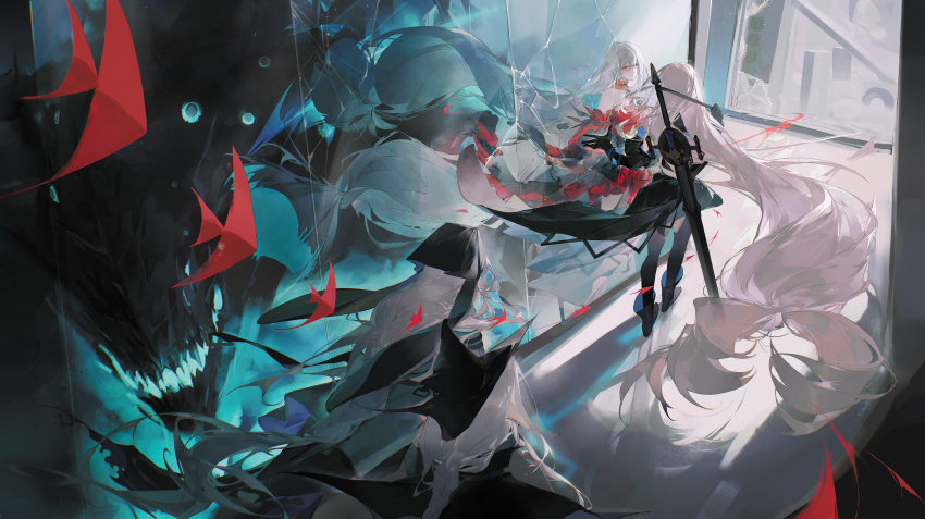 4girls absurdres angelfish aqua_gloves arknights ascot bare_shoulders black_cape black_coat black_dress black_hat boots braid broken_glass buckle cape clothing_cutout coat crack cracked_glass cracked_wall detached_sleeves different_reflection dress dual_persona fish from_above full_body gladiia_(arknights) glass gloves grey_ascot grey_hair hair_between_eyes hallway hat high_collar highres humidifier_xd long_hair long_sleeves low-tied_long_hair monster multiple_girls navel_cutout nun off-shoulder_dress off_shoulder official_alternate_costume pointy_ears pointy_hat red_dress red_eyes red_sleeves reflection skadi&#039;s_seaborn_(arknights) skadi_(arknights) skadi_the_corrupting_heart_(arknights) specter_(arknights) standing strap sword thigh_cutout tropical_fish unworn_headwear very_long_hair weapon white_hair wimple