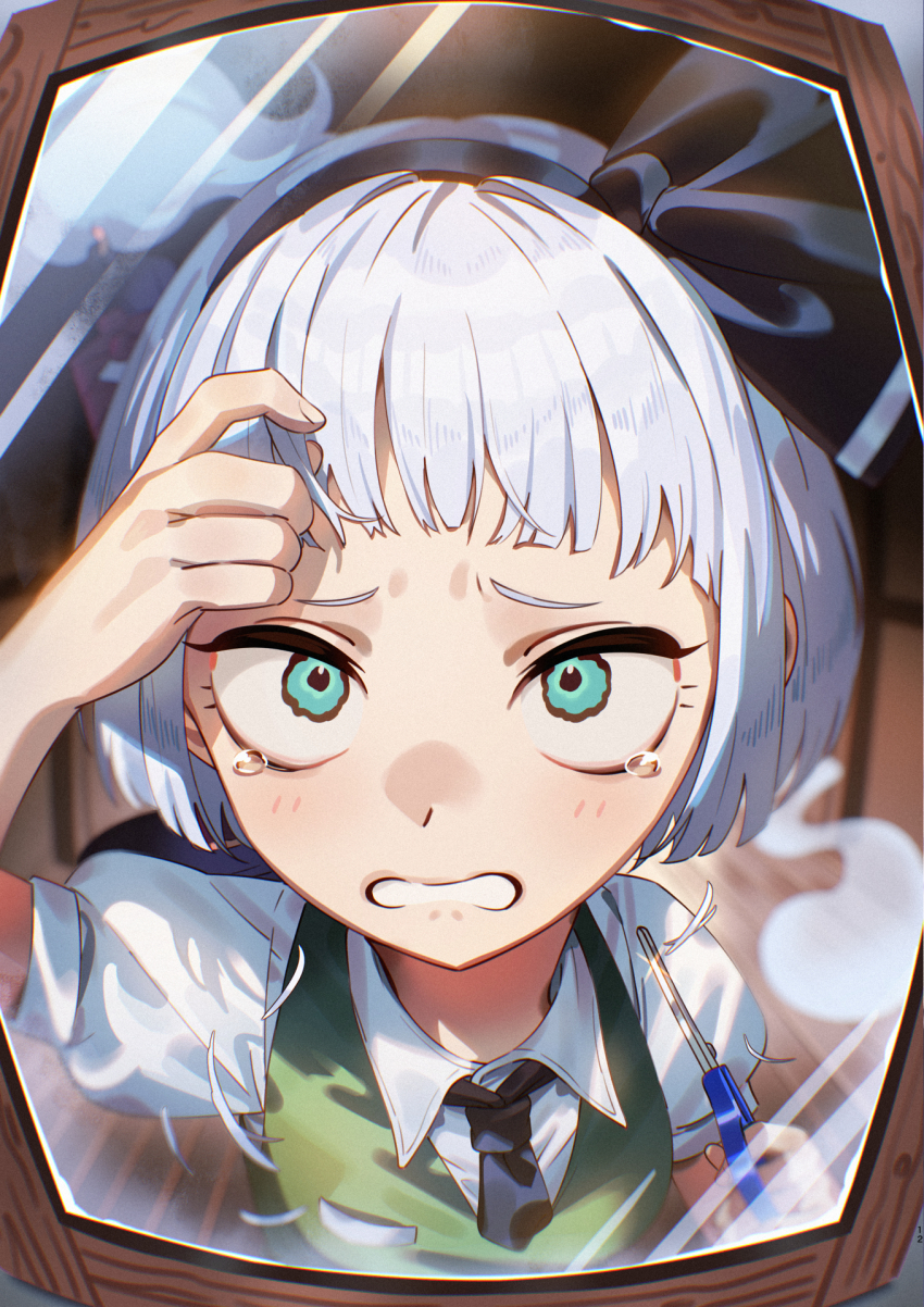 1girl alternate_hairstyle arm_up ascot black_ascot black_bow black_hairband blush bob_cut bow bow_hairband breasts collared_shirt commentary_request cutting_hair cutting_own_hair green_eyes green_vest hair_bow hairband highres indoors konpaku_youmu medium_breasts mirror parted_lips puffy_short_sleeves puffy_sleeves reflection reflection_focus shirt short_hair short_sleeves solo tearing_up touhou u_u_zan upper_body vest white_hair white_shirt worried