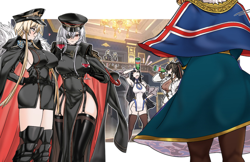 6+boys azur_lane bismarck_(azur_lane) bismarck_(coat_of_arms) bismarck_zwei_(azur_lane) black_garter_straps black_gloves black_hair black_hat blonde_hair blue_eyes bottle breasts brown_pantyhose brown_thighhighs buttons cleavage cleavage_cutout clothing_cutout crown double-breasted drinking eyepatch fritz_rumey_(azur_lane) from_behind from_side garter_straps gloves gold_trim hair_between_eyes harbin_(azur_lane) hat high_ponytail hood_(azur_lane) indoors large_breasts long_hair long_sleeves mini_crown multicolored_hair multiple_boys oukama pantyhose peaked_cap pelvic_curtain ponytail queen_elizabeth_(azur_lane) red_eyes sideboob_cutout streaked_hair thighhighs very_long_hair warspite_(azur_lane) yat_sen_(azur_lane)