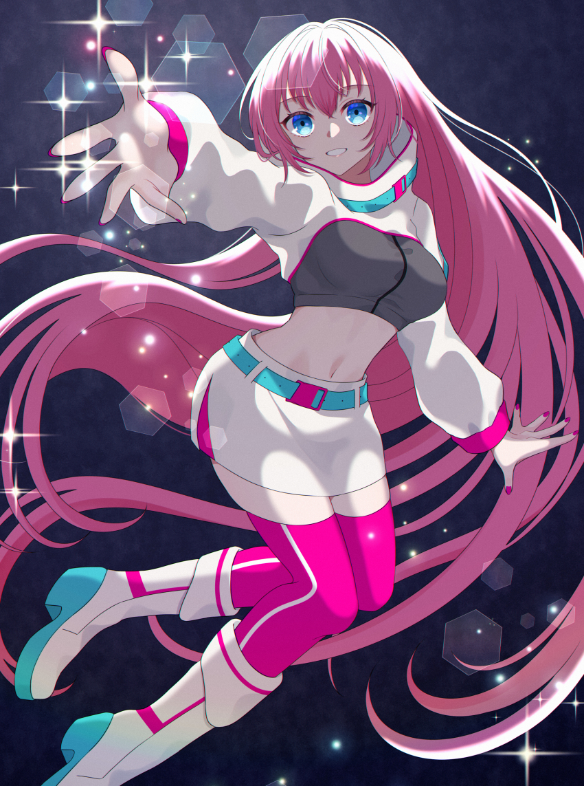 1girl absurdly_long_hair absurdres belt blue_eyes boots crop_top grin high_collar high_heel_boots high_heels highres long_hair long_sleeves looking_at_viewer magical_mirai_luka magical_mirai_luka_(2023) megurine_luka midriff miniskirt navel outstretched_arm pink_hair reaching reaching_towards_viewer rooibos shrug_(clothing) skirt smile sparkle thighhighs very_long_hair vocaloid