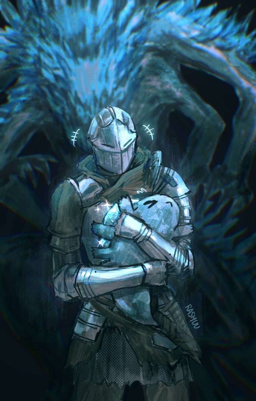 &gt;_&lt; +++ 1other artist_name ashen_one_(dark_souls) blurry blurry_background commentary crystal_lizard_(fromsoftware) dark_souls_(series) dark_souls_iii english_commentary extra_arms gauntlets helm helmet highres monster rashuu ravenous_crystal_lizard standing twitter_username