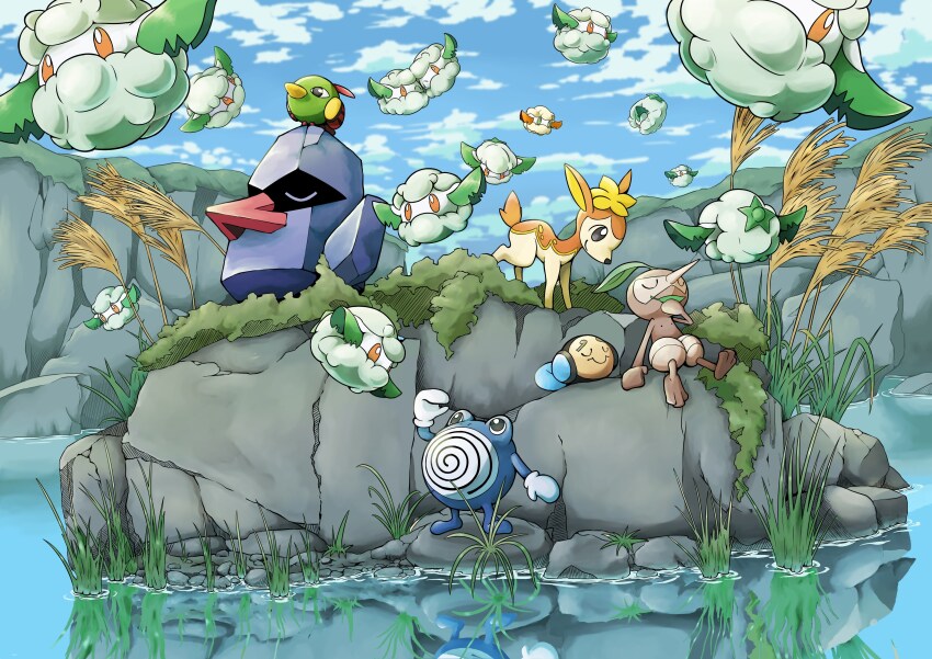 absurdres black_eyes blue_sky boulder brown_eyes closed_eyes closed_mouth cloud cottonee creatures_(company) deerling deerling_(autumn) game_freak gen_1_pokemon gen_3_pokemon gen_5_pokemon grass highres lake leaf looking_at_another nintendo nosepass nuzleaf outdoors plant pokemon pokemon_(creature) poliwhirl q-chan sky tall_grass tympole
