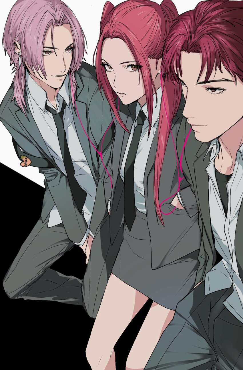 1girl 2boys abby_(kpop_demon_hunters) alternate_costume amikoiiko arms_between_legs backpack badge bag black_background black_shirt blazer brown_eyes button_badge character_name closed_mouth commentary dress_shirt earbuds earphones earrings english_commentary feather_earrings feathers feet_out_of_frame from_side half_updo hands_in_pockets heart_ornament highres jacket jewelry kpop_demon_hunters lapels long_hair long_sleeves looking_at_another loose_necktie medium_hair mira_(kpop_demon_hunters) mismatched_eyebrows multiple_boys necktie notched_lapels open_clothes open_jacket pink_hair pleated_pants polyamory romance_(kpop_demon_hunters) school_uniform shirt shirt_under_shirt short_hair simple_background skirt smile twintails two-tone_background white_background white_shirt