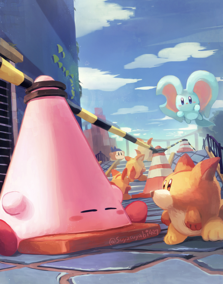 absurdres arms_up artist_name awoofy bandana bandana_waddle_dee blue_bandana blue_eyes blue_sky blush blush_stickers brown_eyes building caution_tape closed_eyes cloud commentary_request cone_mouth day elfilin flying highres kirby kirby_(series) kirby_and_the_forgotten_land looking_at_another mouthful_mode nintendo no_humans notched_ear outdoors railing sky standing star_(symbol) stone_floor suyasuyabi traffic_cone tree twitter_username ufo ufo_(kirby) vent_(object)