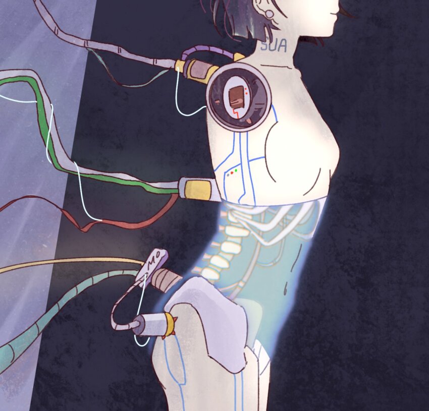 1girl alien_stage android black_hair closed_mouth commentary earrings from_side hashtag-only_commentary head_out_of_frame highres jewelry motii neck_tattoo ribs short_hair solo spine sua_(alien_stage) tattoo wire