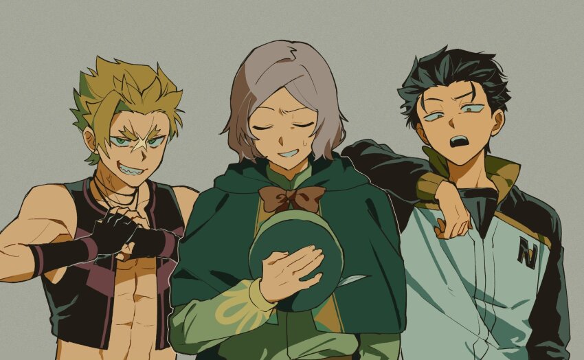 3boys abs arm_on_another&#039;s_shoulder black_gloves black_hair black_vest blonde_hair brown_eyes capelet closed_eyes cross_scar facing_viewer fingerless_gloves garfiel_tinsel gloves green_capelet green_eyes green_hat grey_background grey_hair grin hand_up hands_up hat highres holding holding_unworn_clothes holding_unworn_hat jacket kkoo7 long_sleeves looking_at_viewer male_focus multiple_boys natsuki_subaru open_mouth otto_suewen own_hands_together re:zero_kara_hajimeru_isekai_seikatsu scar scar_on_face sharp_teeth simple_background smile sweatdrop teeth thick_eyebrows track_jacket unworn_hat unworn_headwear upper_body vest