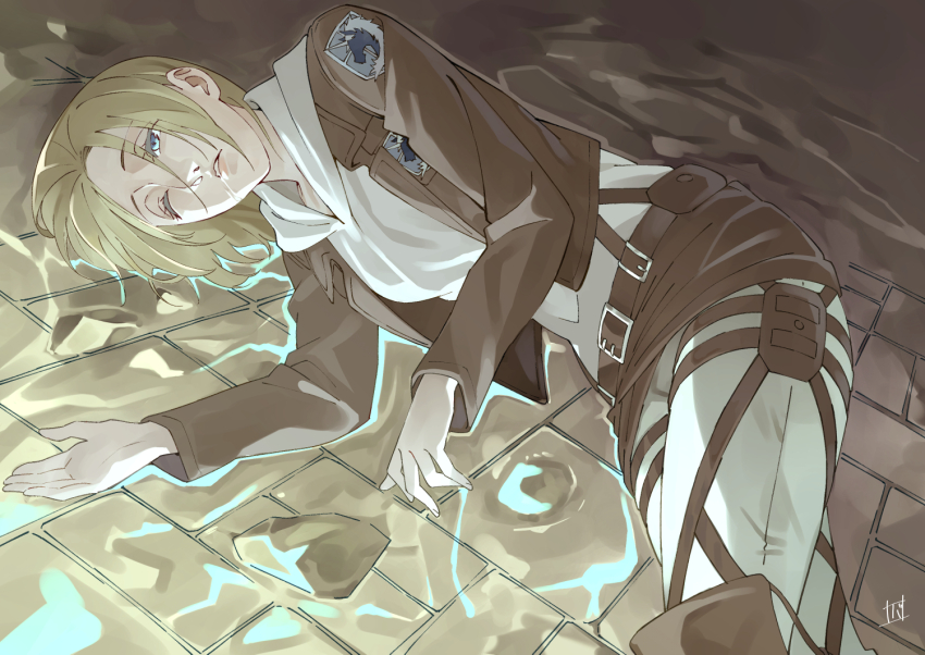 1girl annie_leonhart artist_name blonde_hair blue_eyes boots brown_jacket commentary_request cropped_jacket emblem from_above from_side grasshopper193 hood hood_down hoodie indoors jacket long_sleeves looking_up lying marley_military_uniform military_police_brigade_(emblem) military_uniform on_ground on_side one_eye_closed open_clothes open_jacket pants parted_bangs parted_lips pink_lips saliva shingeki_no_kyojin short_hair signature solo water white_hoodie white_pants