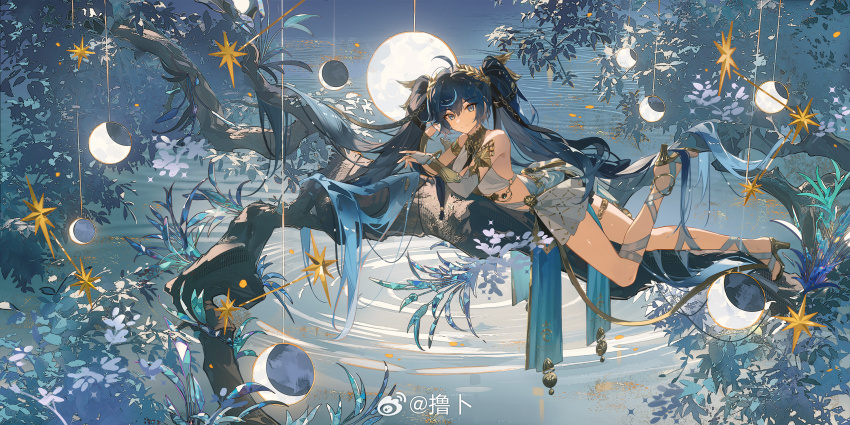 1girl ahoge ancient_greek_clothes armlet bare_shoulders blue_eyes blue_hair closed_mouth from_side full_moon gladiator_sandals greco-roman_clothes hair_between_eyes head_rest head_wreath highres iuno_(wuthering_waves) jewelry long_hair looking_at_viewer looking_to_the_side lying_on_branch missing_commentary moon multicolored_hair on_branch ripples sandals smile solo streaked_hair thighlet thighs toto_(caaaaarrot) twintails very_long_hair water wuthering_waves