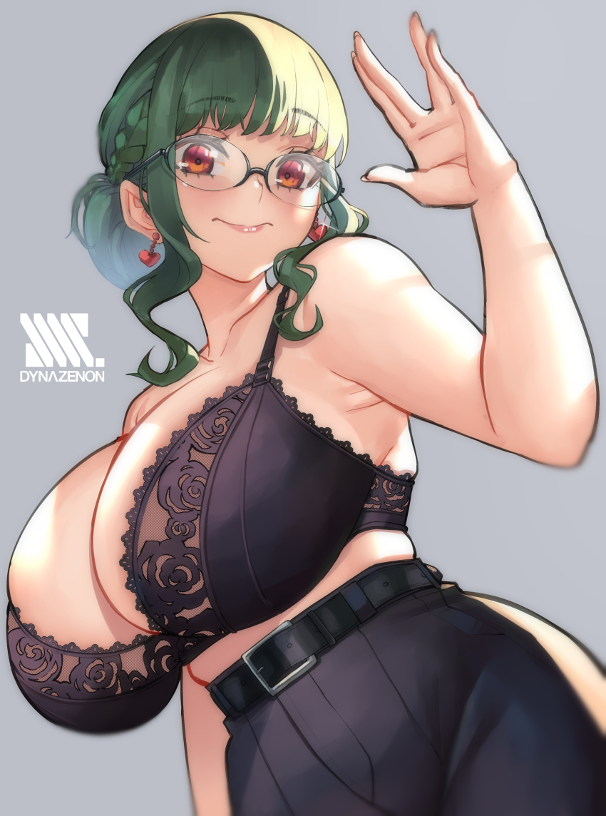 1girl absurdres anosillus_ii belt black_bra black_pants blood_hood bra braid breasts cleavage copyright_name earrings fingernails french_braid glasses green_hair grey_background gridman_universe hair_bun heart heart_earrings high-waist_pants highres huge_breasts instance_domination jewelry lace lace-trimmed_bra lace_trim looking_at_viewer no_shirt pants red_eyes rimless_eyewear salute single_hair_bun skindentation solo ssss.dynazenon underwear updo